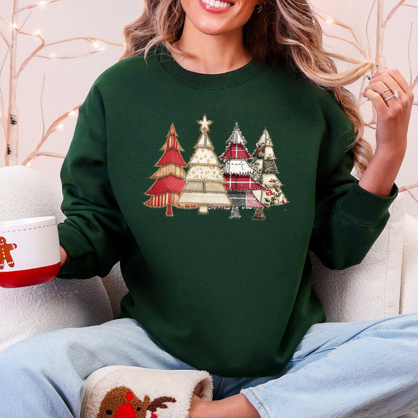 Christmas Trees, Faux Quilt, Santa Festive Holiday Scene Vintage Cozy Winter Sweatshirt