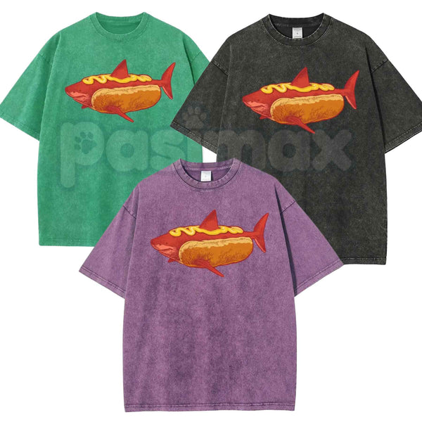 Shark Hotdog Funny Food Meme T-Shirt – Retro Weirdcore Graphic Tee, Vintage Washed Lightweight Cotton Unisex Streetwear Top