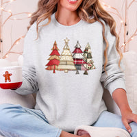 Christmas Trees, Faux Quilt, Santa Festive Holiday Scene Vintage Cozy Winter Sweatshirt