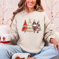 Christmas Trees, Faux Quilt, Santa Festive Holiday Scene Vintage Cozy Winter Sweatshirt