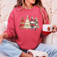 Christmas Trees, Faux Quilt, Santa Festive Holiday Scene Vintage Cozy Winter Sweatshirt