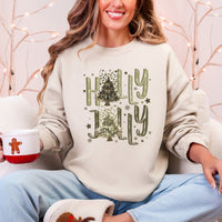Holly Jolly Christmas Camouflage Tree Santa Dalmatian Ribbons And Bows Cozy Holiday Sweatshirt
