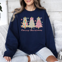Merry Christmas Pastel Christmas Trees Santa Colorful Painting Holiday Scene Sweatshirt