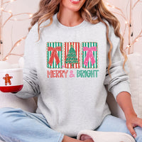 Merry And Bright Pattern Blocks Christmas Tree Ribbon Bows Santa Holiday Sweatshirt